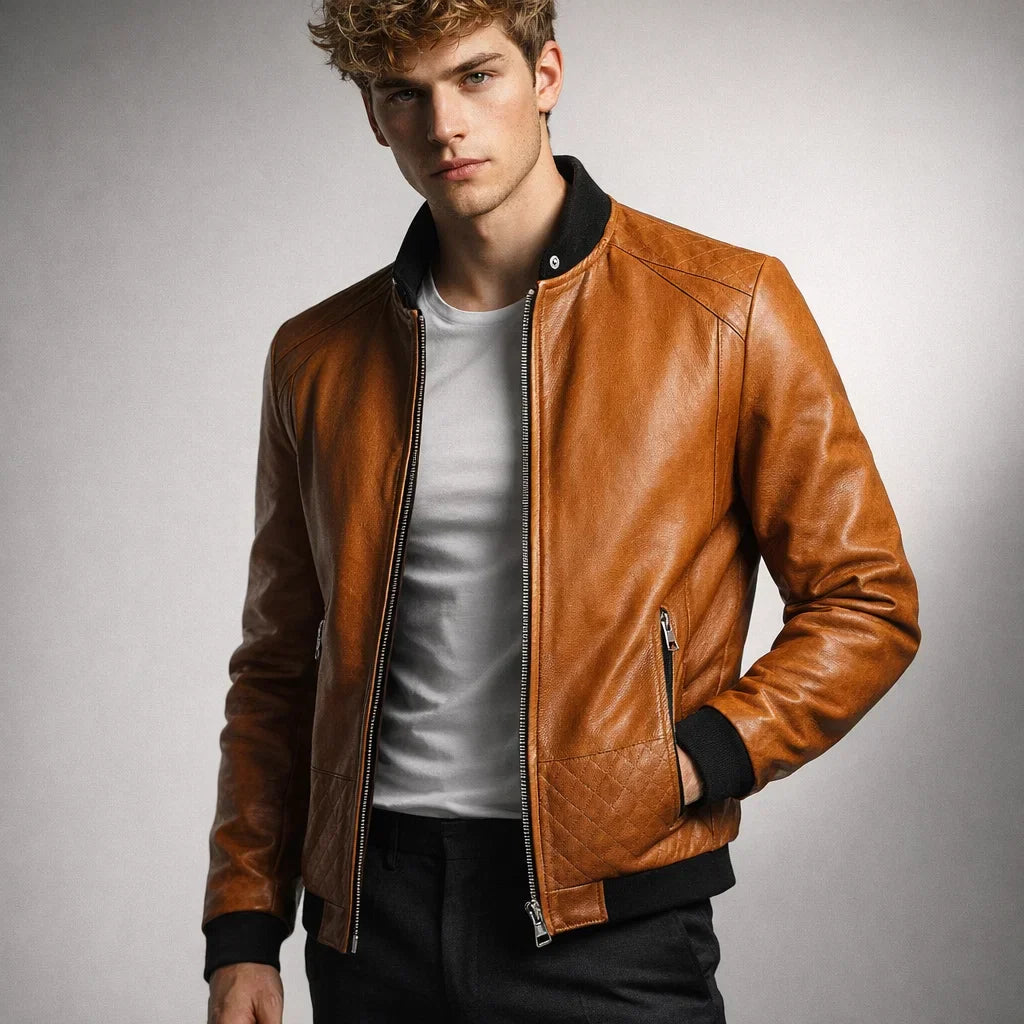 Chaqueta de Piel Bomber Ajustada para Hombre - Donk