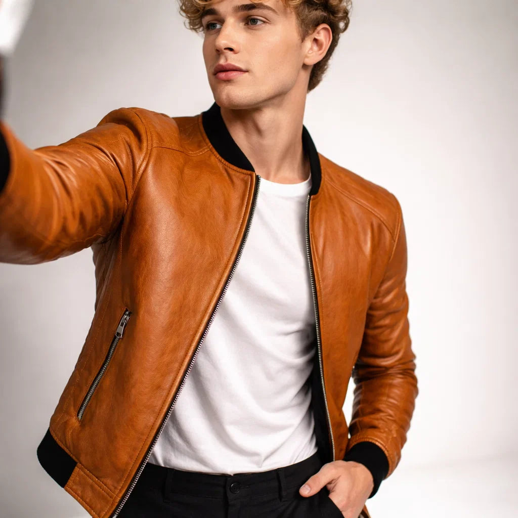 Chaqueta de Piel Bomber Ajustada para Hombre - Donk