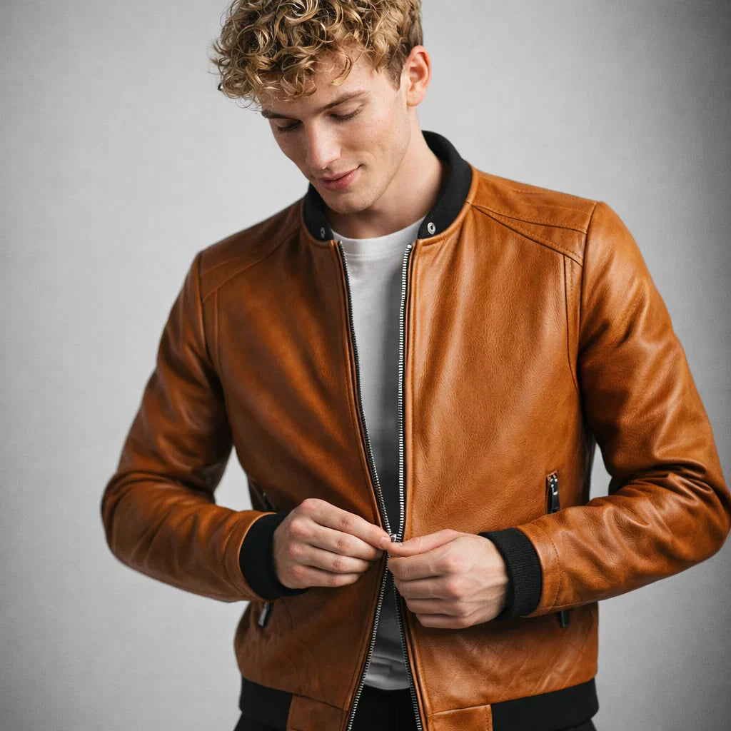 Chaqueta de Piel Bomber Ajustada para Hombre - Donk