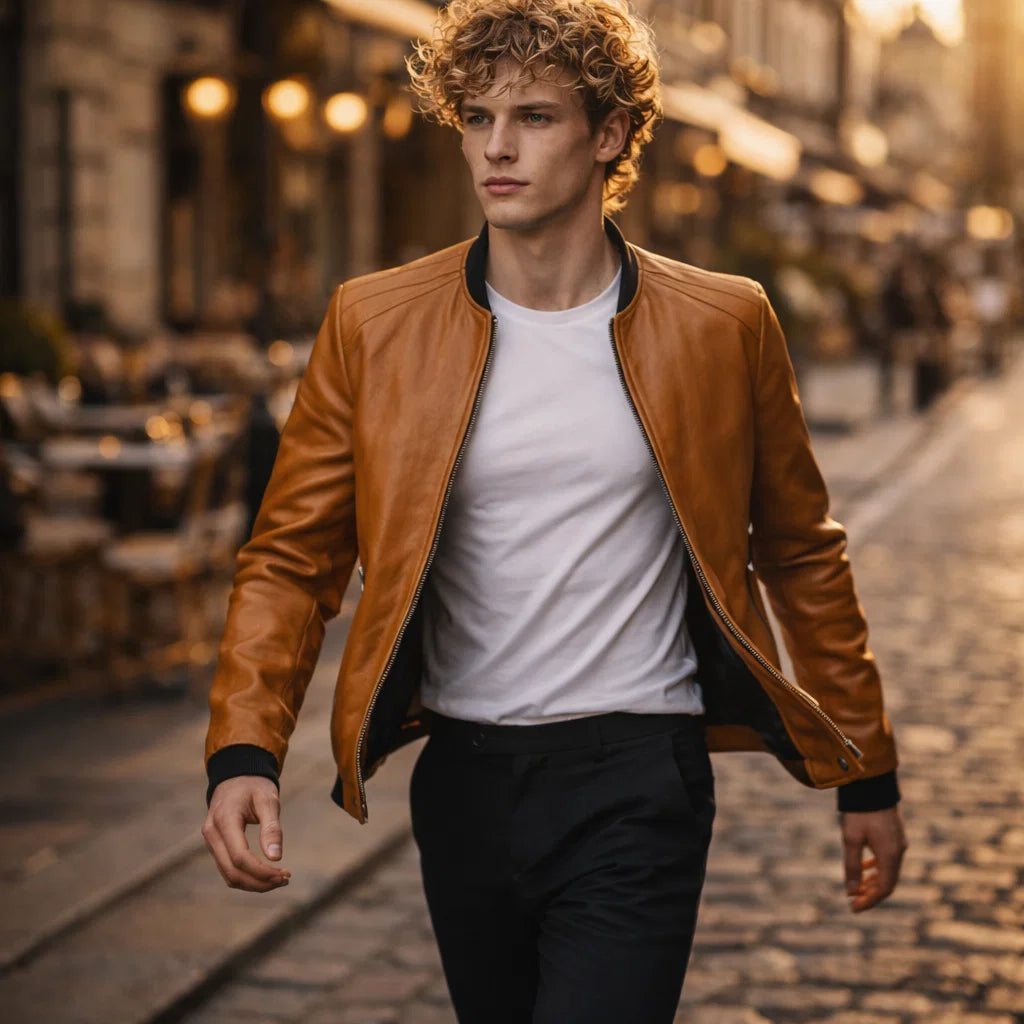 Chaqueta de Piel Bomber Ajustada para Hombre - Donk