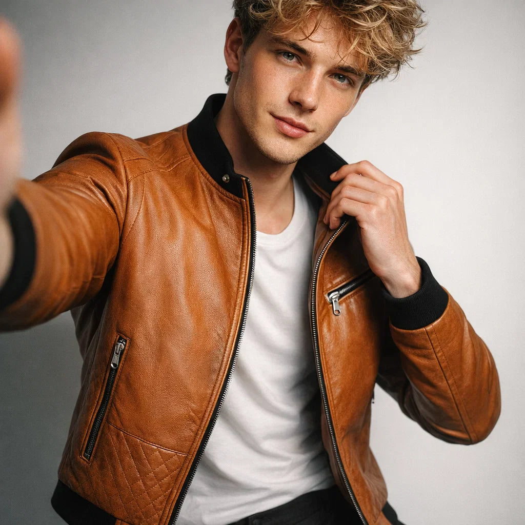 Chaqueta de Piel Bomber Ajustada para Hombre - Donk